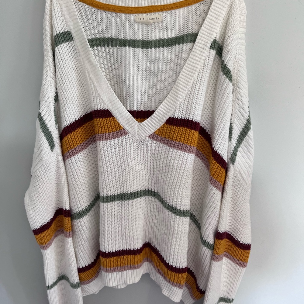 La Hearts White V-Neck Sweater with Mustard, Olive & Burgundy Stripes